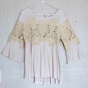 Umgee Lace Detail Boho Top Shirt  - Cream - sz M